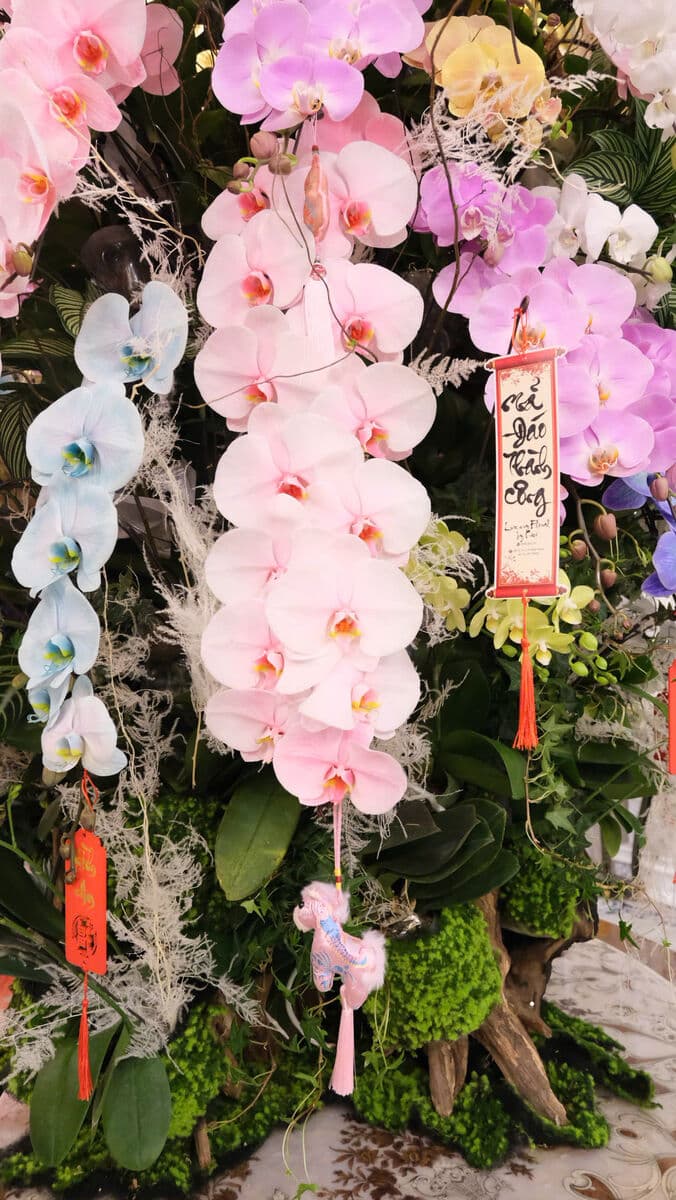 Close-up orchids with calligraphy